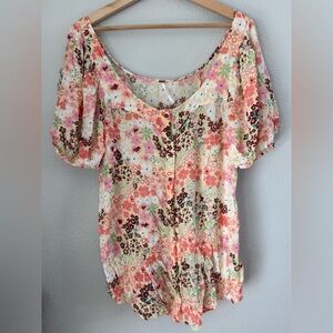 Free People Floral Button-Front Puff Sleeve Top - Pink Peach Green
